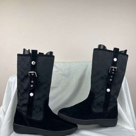 Coach Tullip Buckle Signature Logo Embossed Suede Winter Boots Black Size 8.5 B - Picture 1 of 8